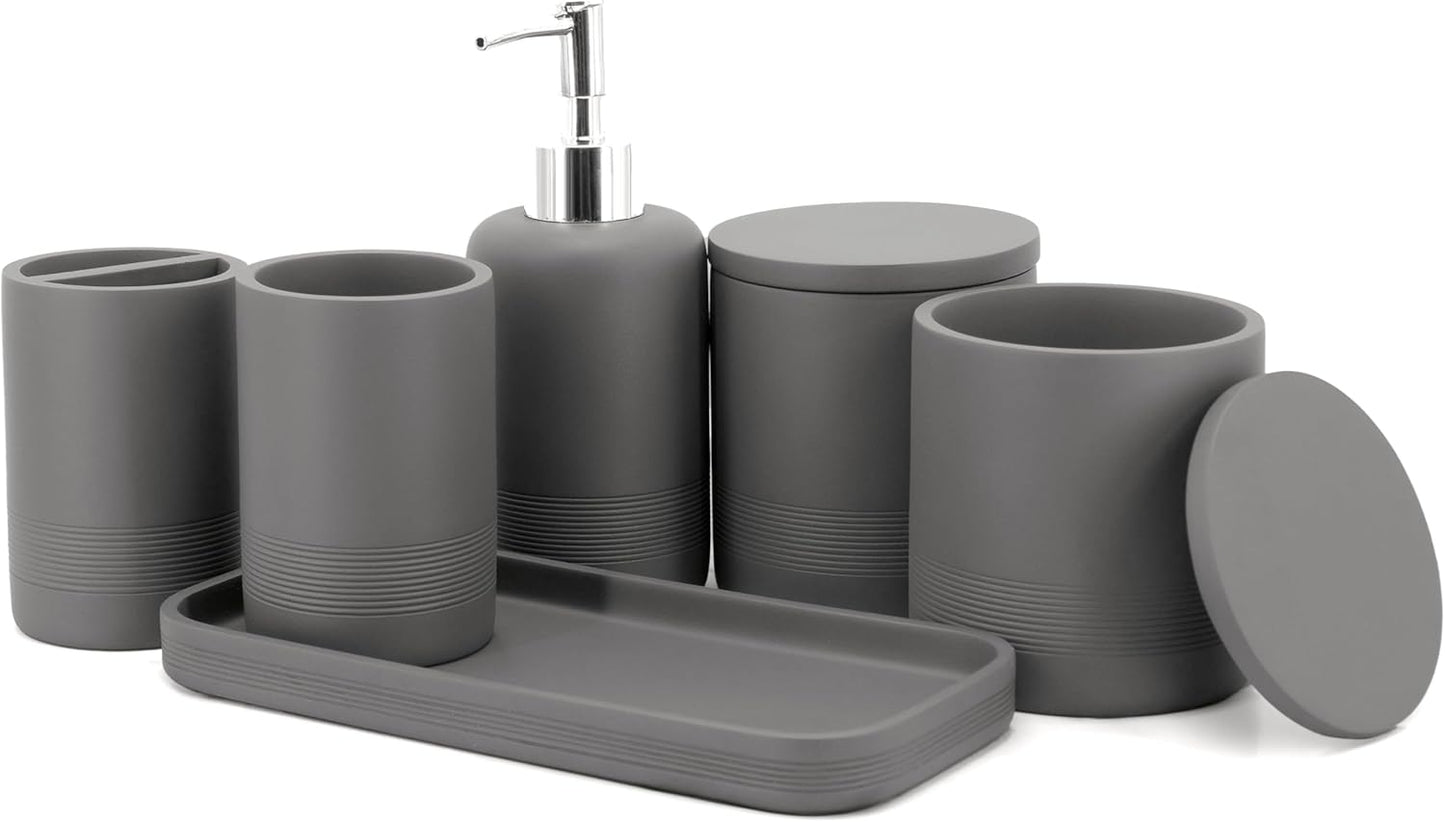 ZCCZ Gray Bathroom Accessories Set 6 Pieces - Toothbrush Holder, Lotion Dispenser, Qtip Container, Vanity Tray, Tumbler - Countertop Organizer for Bathrooms - Elegant and Functional Décor Set