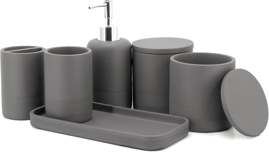 ZCCZ Gray Bathroom Accessories Set 6 Pieces - Toothbrush Holder, Lotion Dispenser, Qtip Container, Vanity Tray, Tumbler - Countertop Organizer for Bathrooms - Elegant and Functional Décor Set