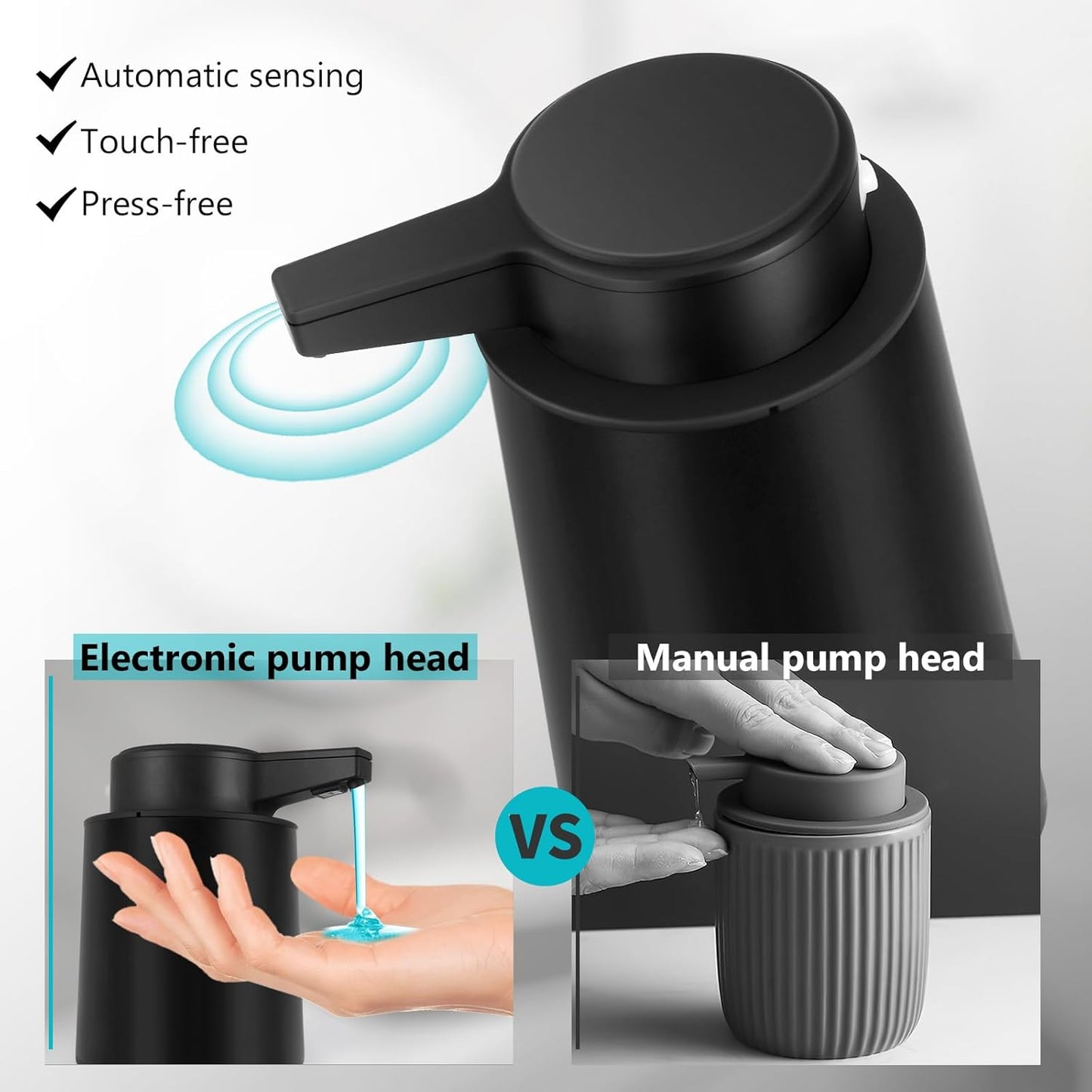 Automatic Soap Dispenser Liquid Touchless: 9oz Black Plastic - Rechargeable Electric Smart 3 Level Adjustable Auto Hand Soap Dispenser - Dish Bathroom Kitchen