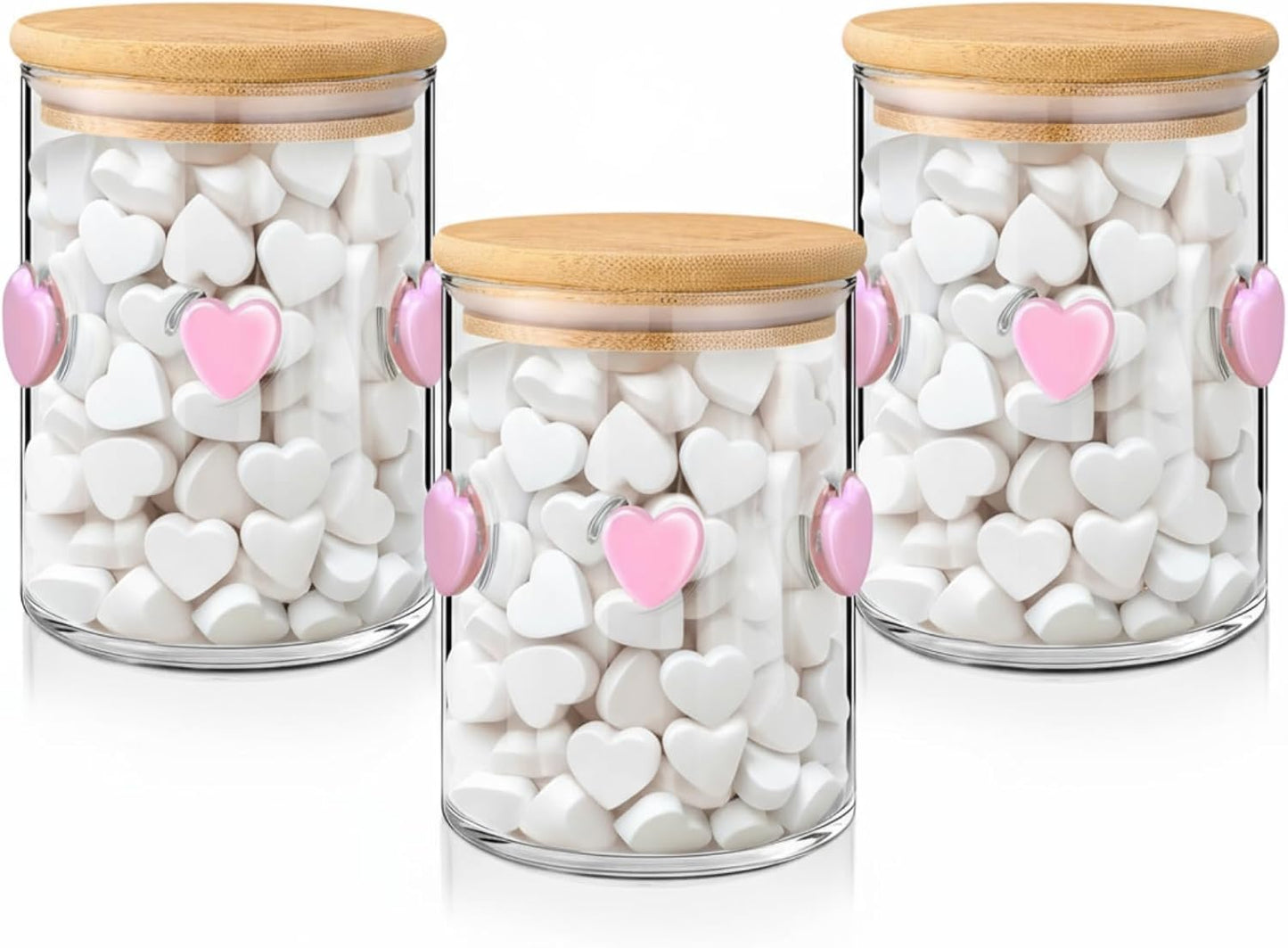 3 Pcs Valentine's Day Icon Glass Storage Jars with Airtight Bamboo Lid Pink Heart Icon Valentine's Day Glass Jars Canister Sets for Home Kitchen Countertop Decoration