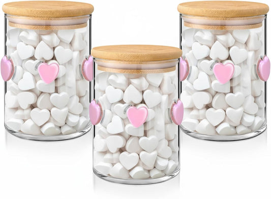 3 Pcs Valentine's Day Icon Glass Storage Jars with Airtight Bamboo Lid Pink Heart Icon Valentine's Day Glass Jars Canister Sets for Home Kitchen Countertop Decoration