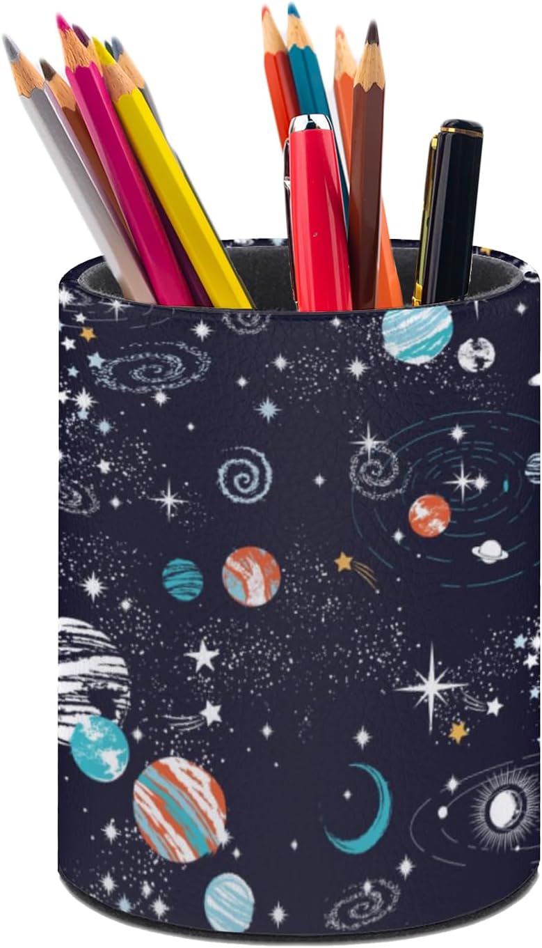 Galaxy Space Planets Pen Holder Pencil Organizer Cute Pencil Cup Desk Decor Makeup Brush Holder PU Multifunctional Office Suppliesfor Home Classroom School