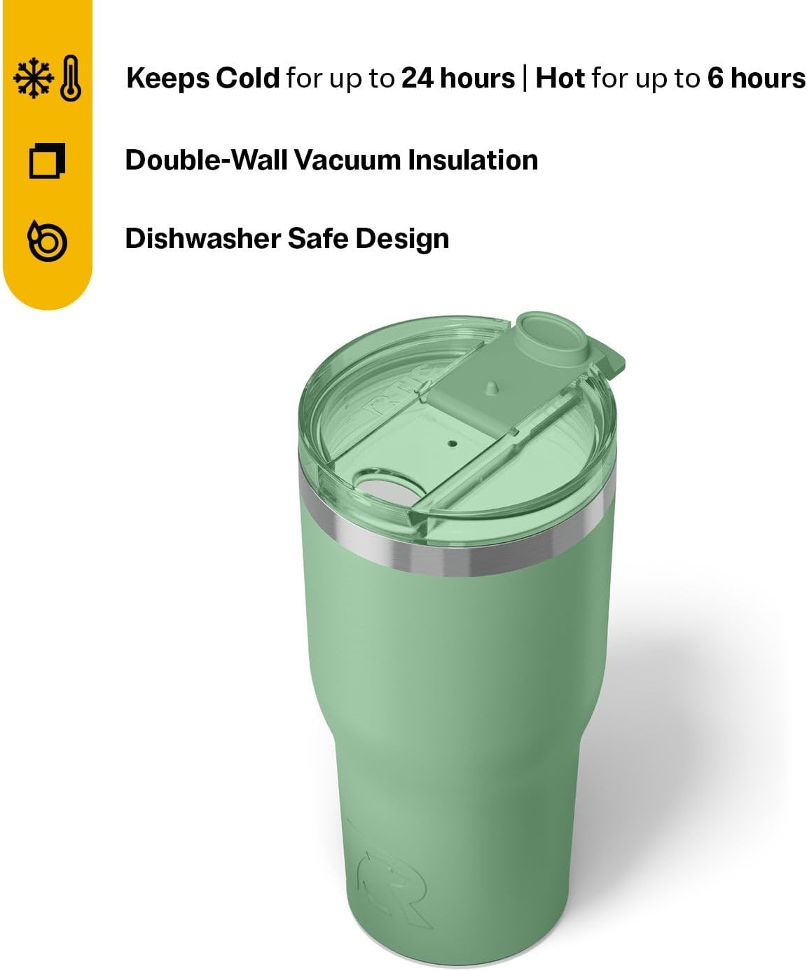 RTIC 30oz Essential Tumbler with Lid, Ceramic Lined, Insulated, Stainless Steel, Metal, Double Wall Vacuum-Insulation, Travel Cup for Iced Coffee, Tea, Hot and Cold Drink, Sage