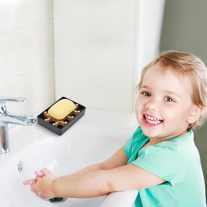 Bamboo Soap Dishes for Shower Wooden Soap Bar Holder for Bathroom Soap Tray Easy to Clean, Durable and with Non-Slip Pads(Two Black Squares)