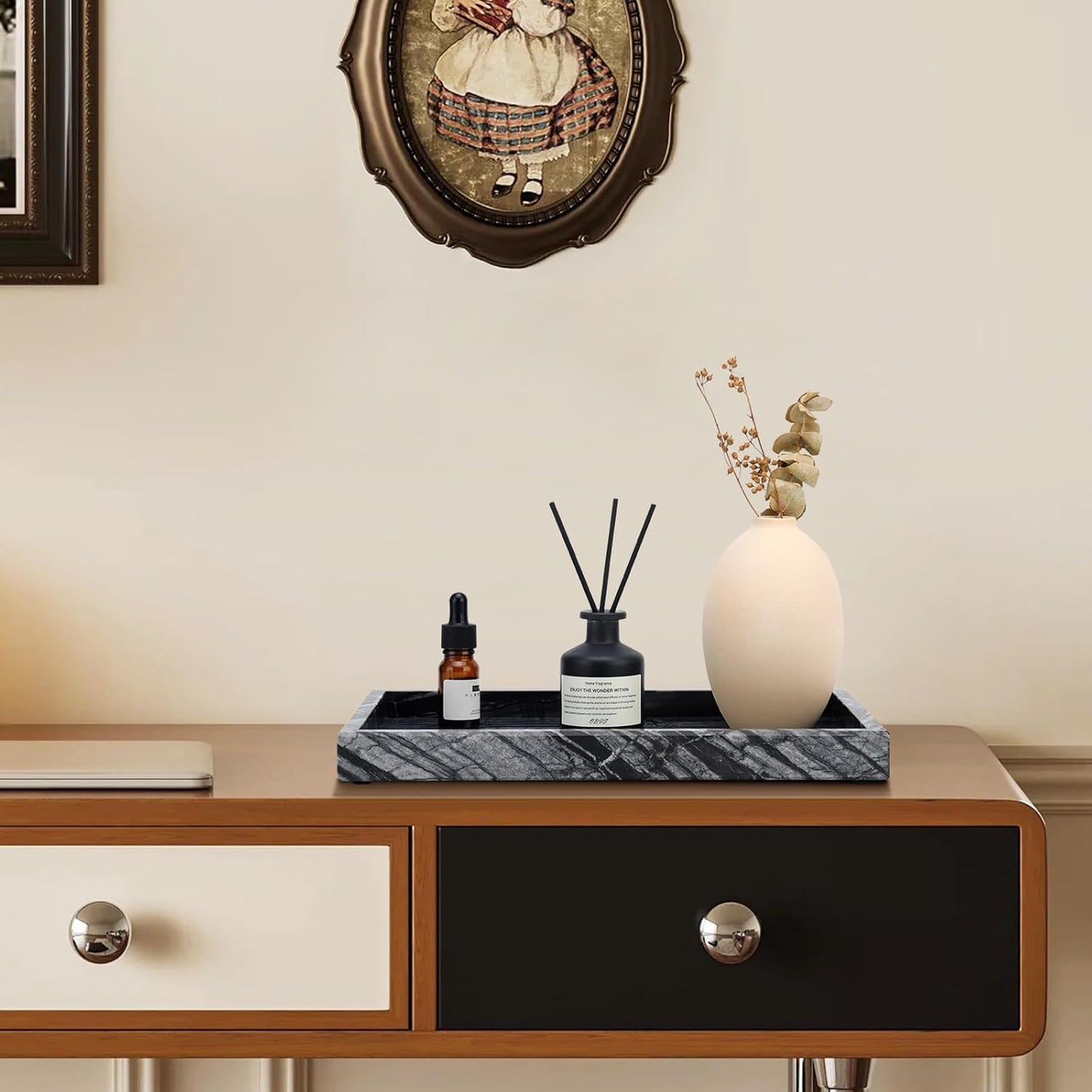 Real Natural Marble Tray for Bathroom, Vanity, Kitchen and Desktop, Rectangle Genuine Marble Stone Tray for Jewelry, Cosmetics, Candles, Lotion, Perfume and Home Decor Wood Grain