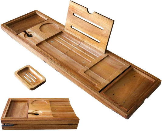 XcE Foldable Bathtub Tray Expandable to 105cm for Luxury Bath, Bath Tray for Bathtub (Acacia Wood)