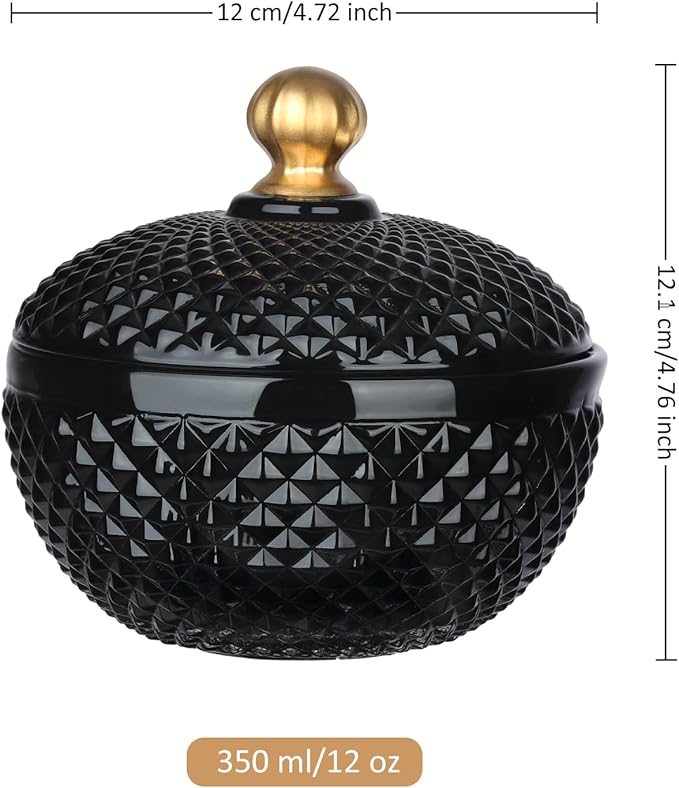Joeyan 12 oz Small Black Glass Jars with Lid,Embossed Glass Candy Dishes,Diamond Faceted Food Container,Decorative Jewelry Box Apothecary Canisters,Colored Kitchen Bathroom Buffet Storage Organizer
