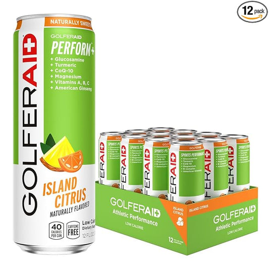 GOLFERAID Performance Blend, Up Your Golf Game, No Caffeine, Glucosamine, Turmeric, MSM, CoQ10, B-Complex, BCAAs and Electrolytes, 40 Calories, 100% Clean, Paleo, Vegan, 12 Fl Oz (Pack of 12)