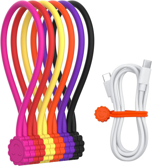 Rich&Ray Reusable Silicone Twist Ties, Magnetic Cable Ties with Strong Magnet for Organizing Cables, Hanging Stuff, Used in Many Ways or Just for Fun (6C - 6pack)
