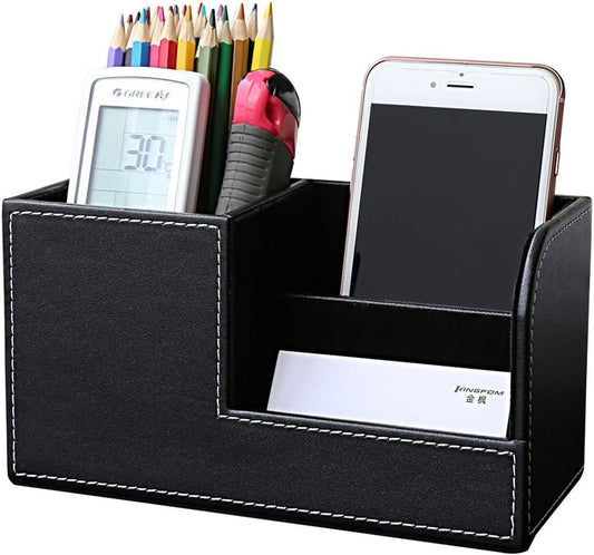 KINGFOM Desk Organizer Office Supplies Caddy Pu Leather Multi-function Storage Box Pen/Pencil,Cell phone, Business Name Cards Remote Control Holder Black