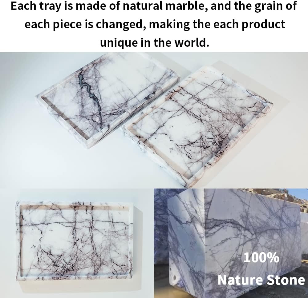Real Luxurious Vanity Tray Natural Genuine Marble Storage Tray for Home Decor Stone Tray for Bathroom/Kitchen/Vanity/Dresser Non-Resin/Non-Ceramic(Lilac)