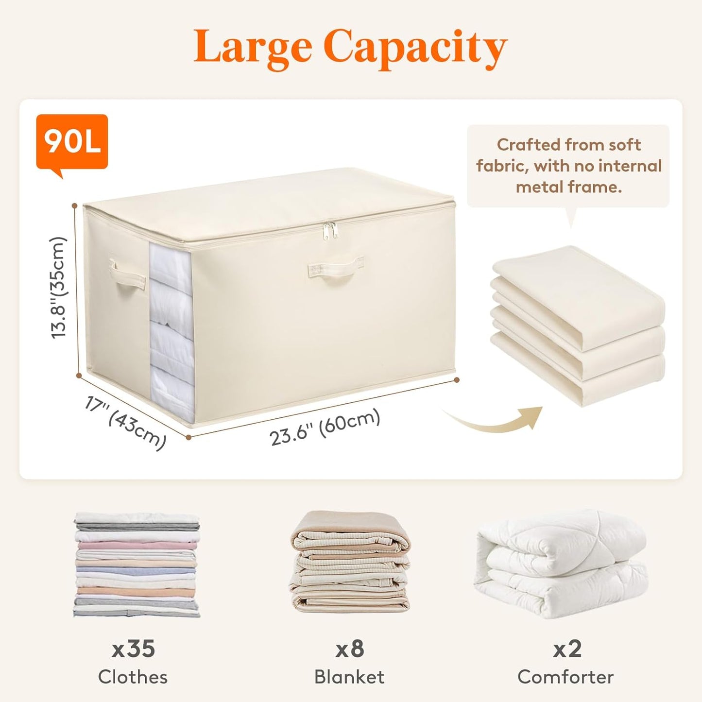 Lifewit Large Canvas Cotton Comforter Storage Bags with Zipper 6 Pack, 90L Breathable Foldable Clothing Containers, Linen Sweater Organizers Boxes for Clothes, Blankets, Pillows, Duvets, Bedding