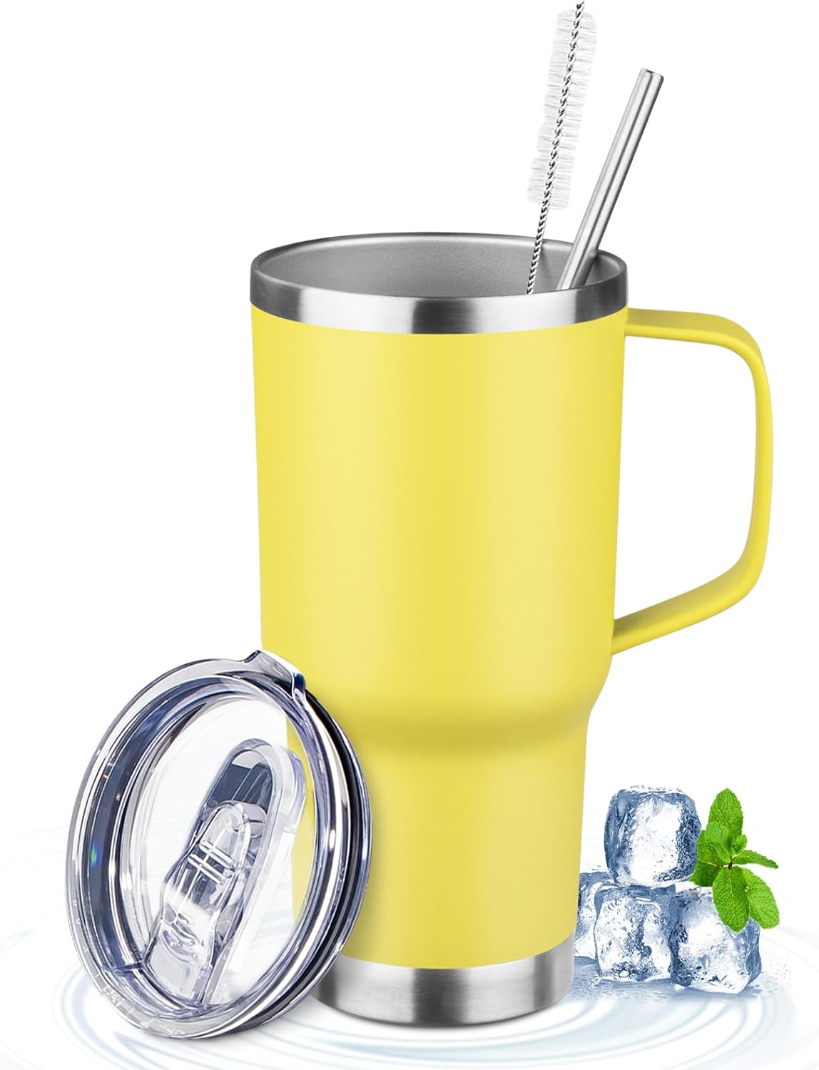 20oz Insulated Tumbler with Handle Stainless Steel Travel Coffee Mug with Lid and Straw Double Wall Vacuum Leak-proof Reusable Thermal Water Cup for Hot and Cold Drinks (Yellow,1 Pack)