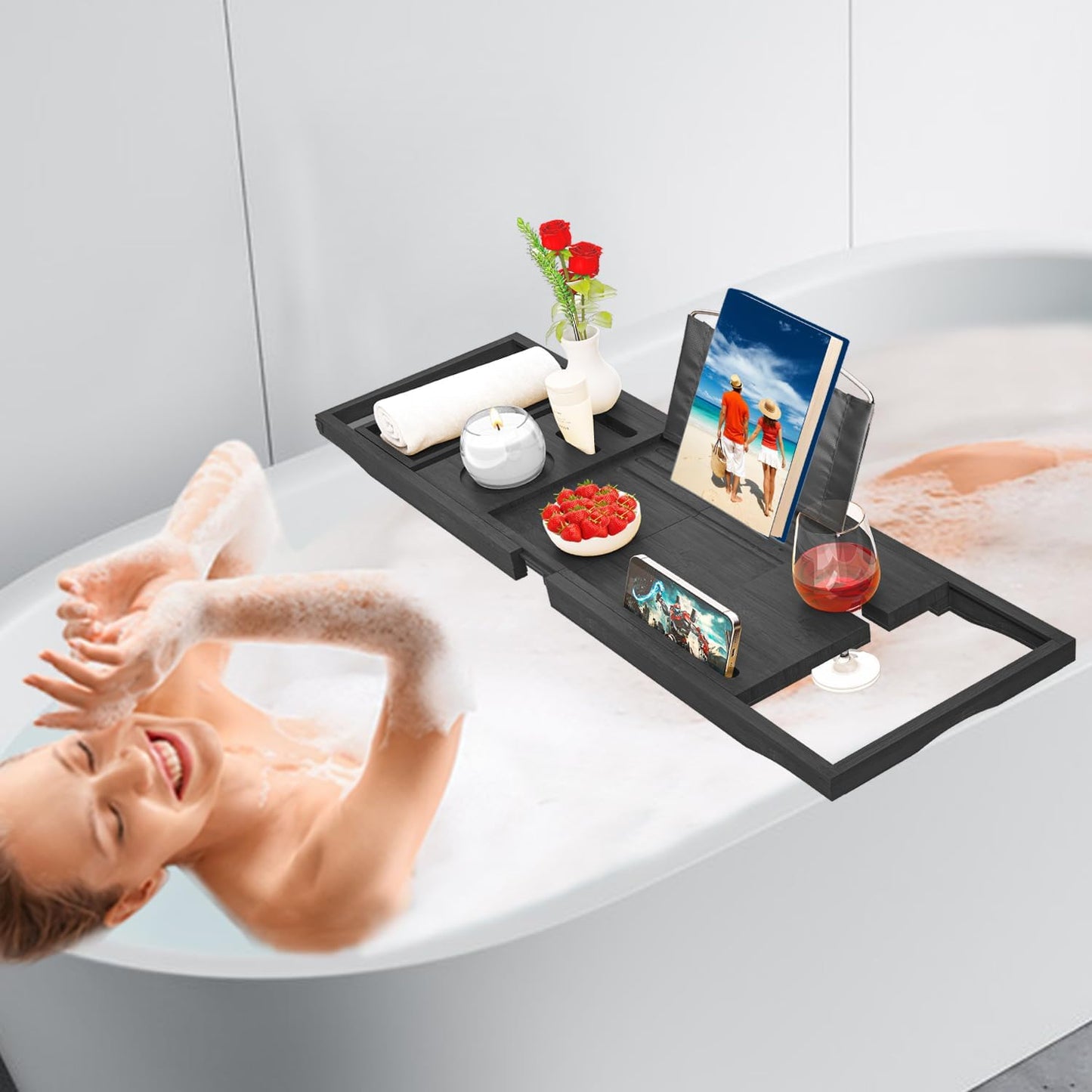 Premium Bathtub Tray Caddy - Bath Tray Expandable - Bath Tub Tray Table for Bathtub, Bamboo Wooden, Fits Most Bath Tubs