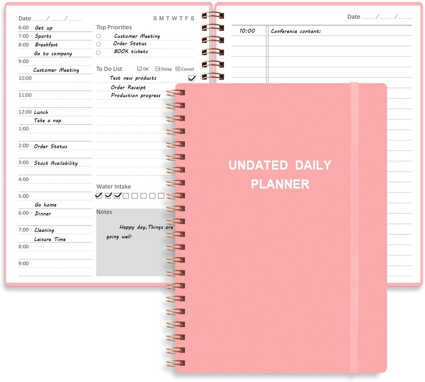 Tiankool Undated Daily Planner,Undated Planner with Hourly Schedules, Top Priorities Items and To Do List, A5 Daily Organizer Notebook to Increase Productivity, 5.8 × 8.2 Inch,Pink