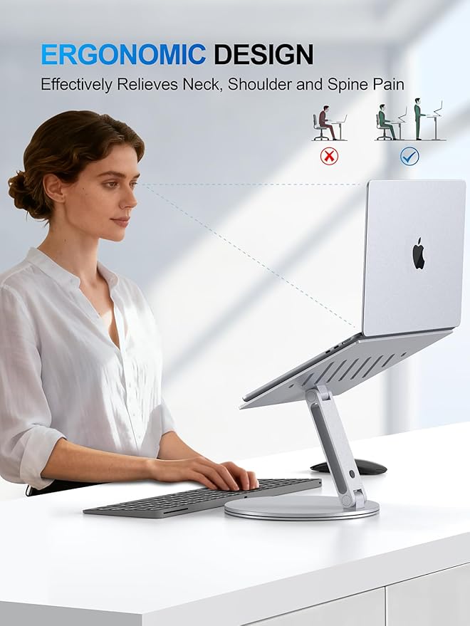 Laptop Stand for Desk, 360° Rotating & Height Adjustable Ergonomic Computer Riser with Aluminum Cooling Vents for 10-16" MacBook, Dell, Lenovo (Foldable, Portable for Office & Home) - Silver
