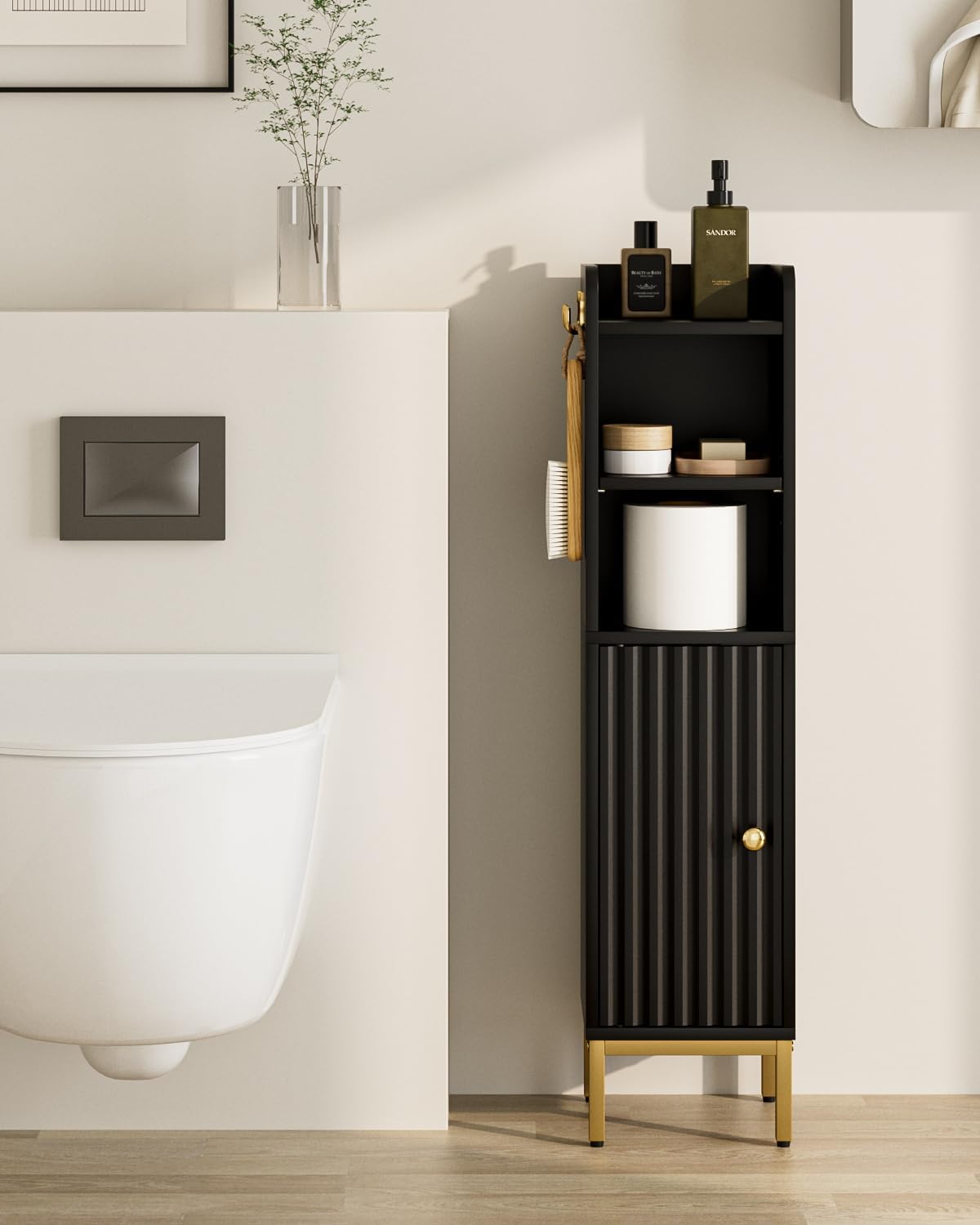 Bathroom Storage Cabinet, Small Corner Floor Hutch with Door and Shelves, Narrow Toilet Paper Cabinet, Bathroom Organizer with Adjustable Shelf, for Small Spaces (Modern-Wave, Black)