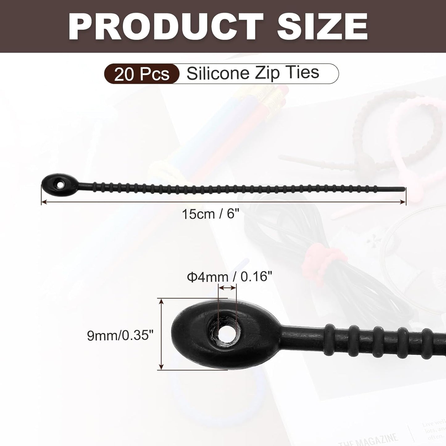 PATIKIL 6 Inch Silicone Cable Ties, 20pcs Rubber Reusable Twist Zip Ties Organizer for Home Office Kitchen Food bags Wires Adjustable Bag Clip, Black