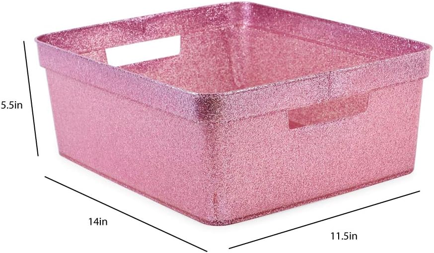 Isaac Jacobs Medium Glitter Storage Bin (14” x 11.5” x 5.5”) Set w/Cut-Out Handles, Plastic Organizer, Multi-Functional, Home Storage Solution, Kids Playroom, Bedroom, Closet (2, Pink)