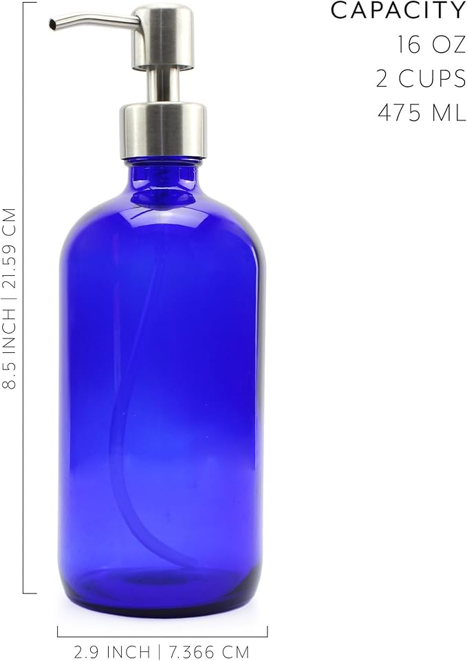 Cornucopia Brands 16-Ounce Cobalt Blue Glass Bottles w/Stainless Steel Pumps (2-Pack), Soap Dispenser w/Lotion Pumps for Essential Oils, Lotions, Liquid Soap
