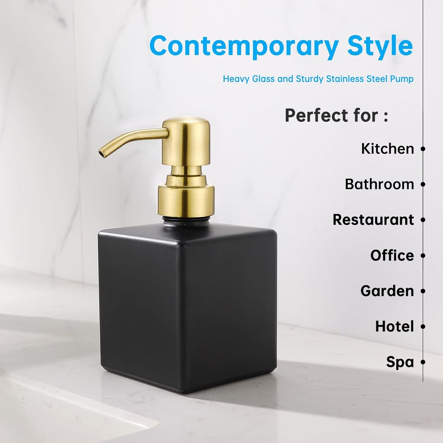 Square Bathroom Soap Dispenser Black and Gold, 8.4 oz Glass Bottles with Stainless Steel Pump Retangle Cube Liquid Soap Dispenser Hand Kitchen