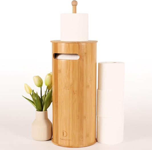 Toilet Paper Stand with 3-Roll Tissue Holder for Boho Bathroom, FreeStanding Bamboo Toilet Paper Holder,Wood Toilet Paper Storage with Lid.