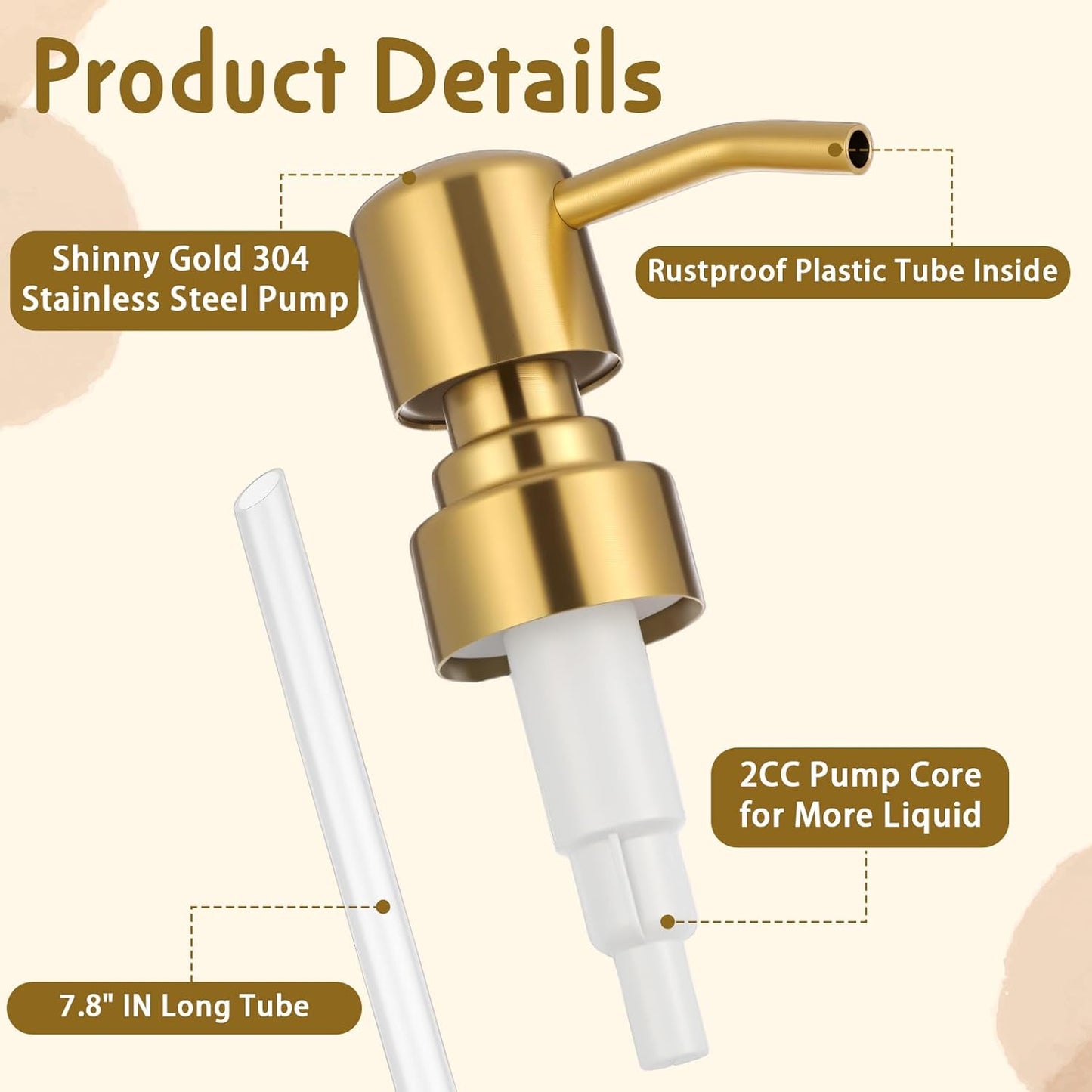 2 Pack Gold Soap Dispenser Pump Replacement, Stainless Steel Hand Liquid Soap Pump for Regular Mouth Bottles Standard 28/400 Neck Size for Hand Dish Soap Bottle and Lotion