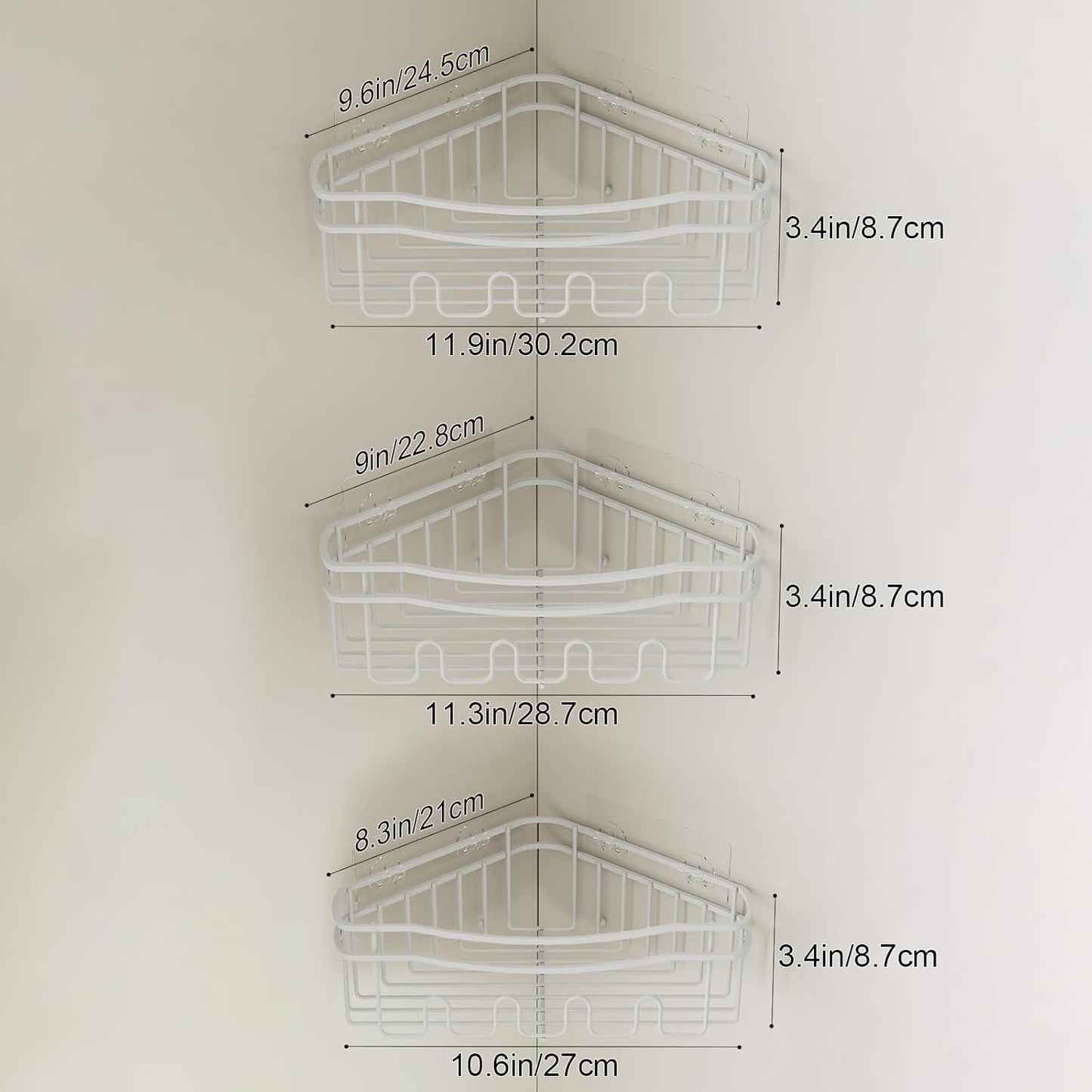 white corner shower caddy with depth caddy and Built in 12 hooks rustproof wall mounted shower shelf 3 pack shower storage for bathroom kitchen room and laudry room.