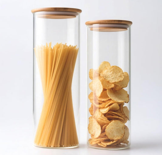 66+37 oz Glass Food Storage Jars with Airtight Lids, Tall Clear Glass Jar with Bamboo Lid, Airtight Food Canister for Pasta, Candy, Coffee, Sugar, Cookie, Snack. (Round | 10+11 Inch)