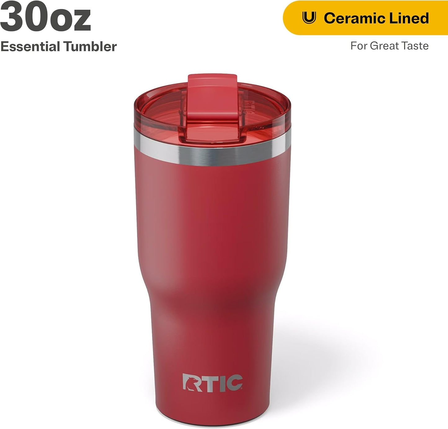 RTIC 30oz Essential Tumbler with Lid, Ceramic Lined, Insulated, Stainless Steel, Metal, Double Wall Vacuum-Insulation, Travel Cup for Iced Coffee, Tea, Hot and Cold Drink, Flag Red
