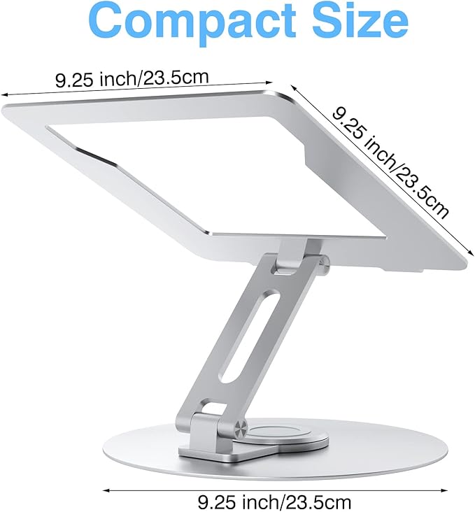 Swivel Laptop Stand for Desk, Adjustable Height Aluminum Computer Stand with 360 Rotating Base, Foldable Ergonomic Riser, Portable Laptop Holder Compatible with MacBook, All Laptops 10-17'', Chrome