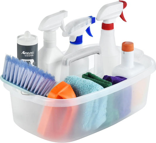 Haundry Large Cleaning Caddy with Handle, Cleaning Tool Storage Basket Organizer, Sturdy Pail Bucket Organizer, Household Bucket for Cleaning Supplies - Clear