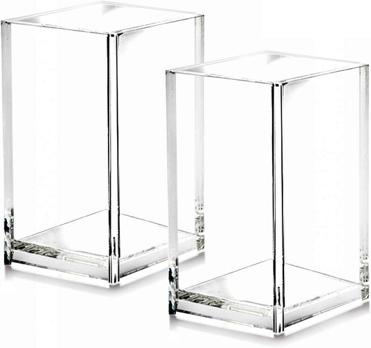 2 Pack Clear Acrylic Pencil Pen Holder Cup,Desk Accessories Holder,Makeup Brush Storage Organizer,Modern Design Desktop Stationery Organizer for Office School Home Supplies,2.6x 2.6x 4 inches