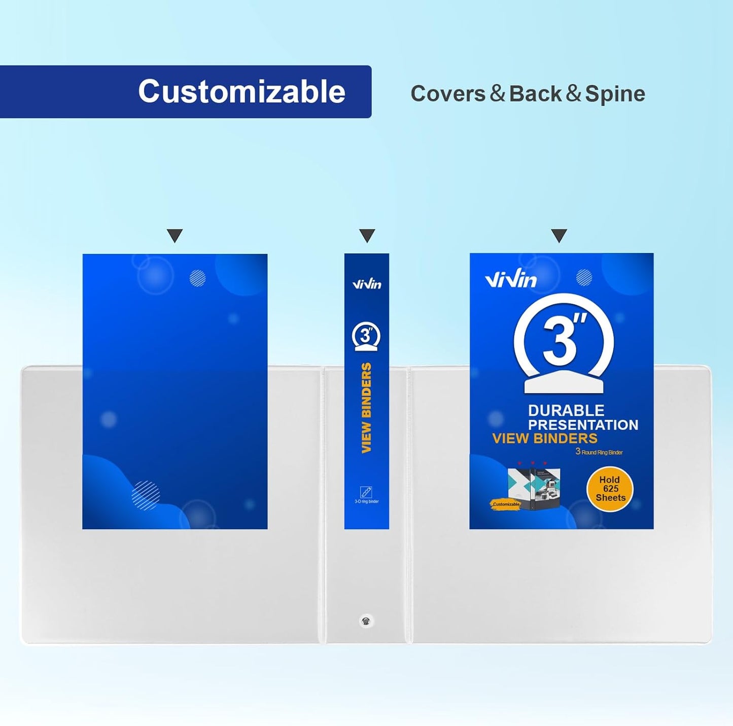 ViVin 3 Ring Binder 3 inch with Clear View Cover, Large 3" Round Ring for Strength, Holds 600 Sheets of US Letter Size Paper, Office Home School, 2 Pack (White)