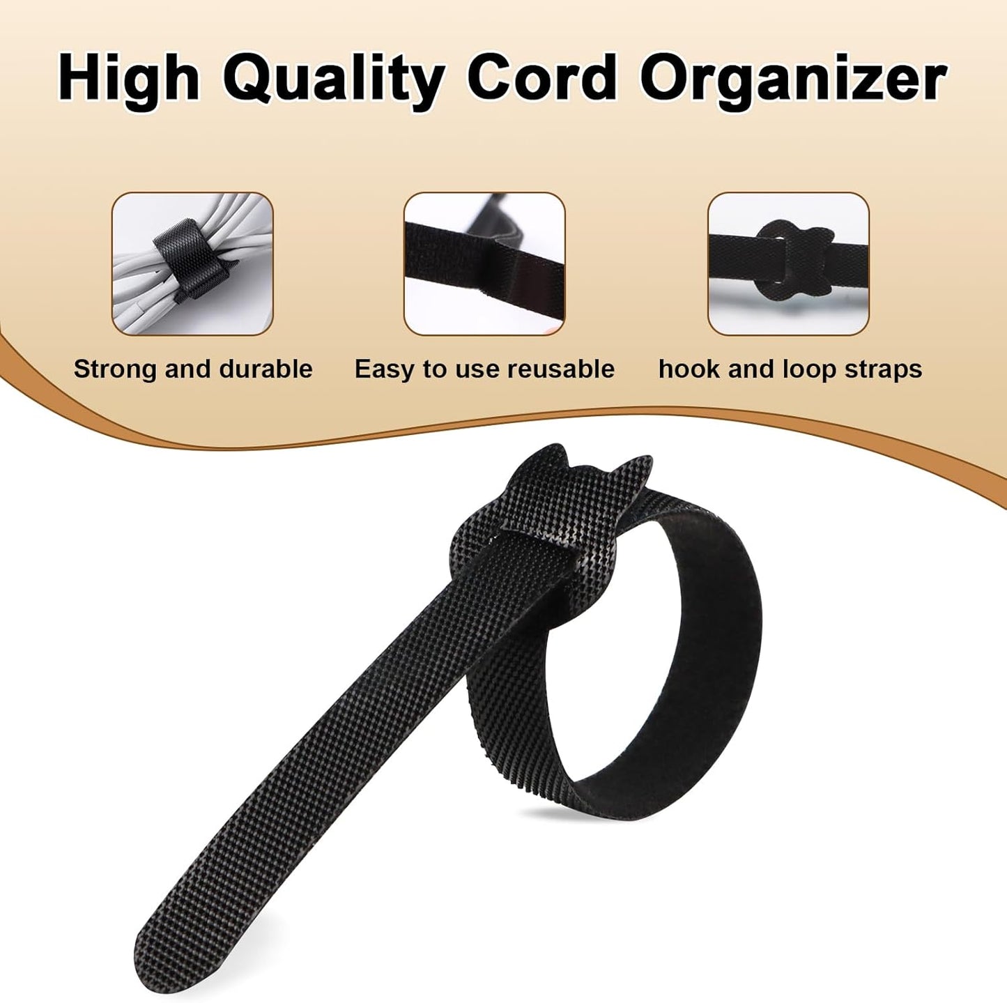 Reusable Cable Ties 8 In 100 Pack Heavy Duty Black Cord Organization Straps Adjustable & Releasable Hook and Loop for Indoor/Outdoor Wire Management