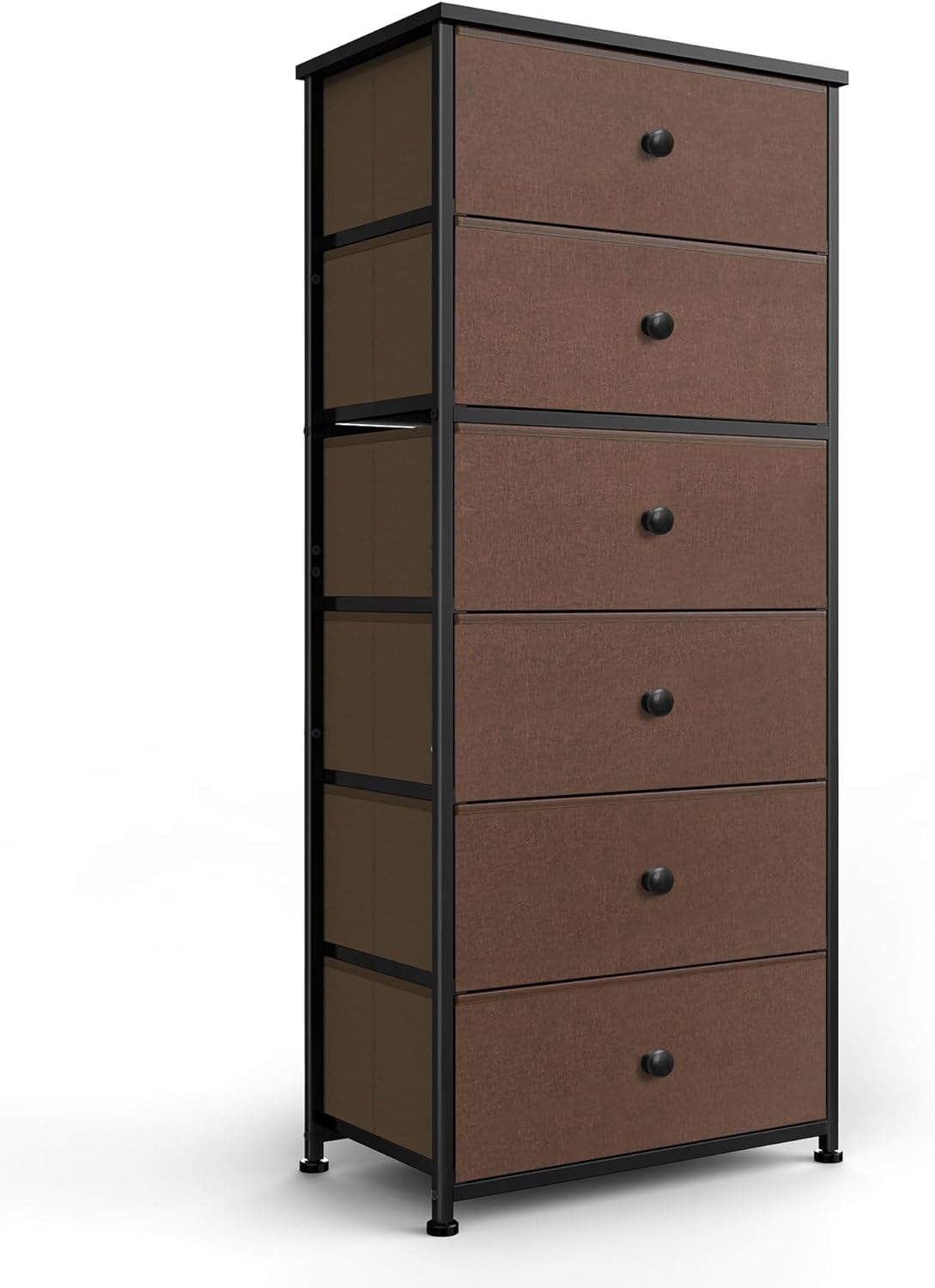 Tall Fabric Dresser for Bedroom, Vertical Storage Organizer Tower with 6 Drawers, Chest of Drawers with Bins, Steel Frame, Wood Top for Bedroom, Closet, Entryway Brown