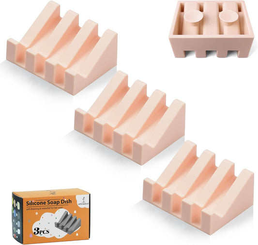 Silicone Soap Dish with Drain, Upgrade Double Suction Cups at The Bottom for Anti-Slip and Stability, Soap Dish Shower Waterfall Bar Soap Holder Tray with Drain Soap Holder (3, Pink)