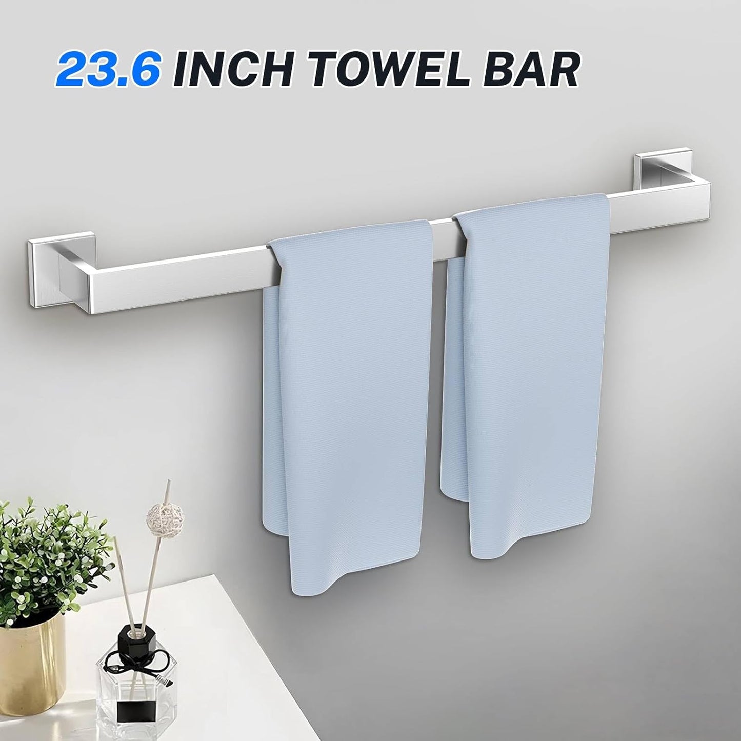 5 Pieces Brushed Nickel Towel Bar Set Bathroom Hardware Accessories Set Include 23.6 Inch Towel Bar Toilet Paper Holder Towel Ring Coat Hooks SUS304 Stainless Steel Wall Mounted Towel Holder Set