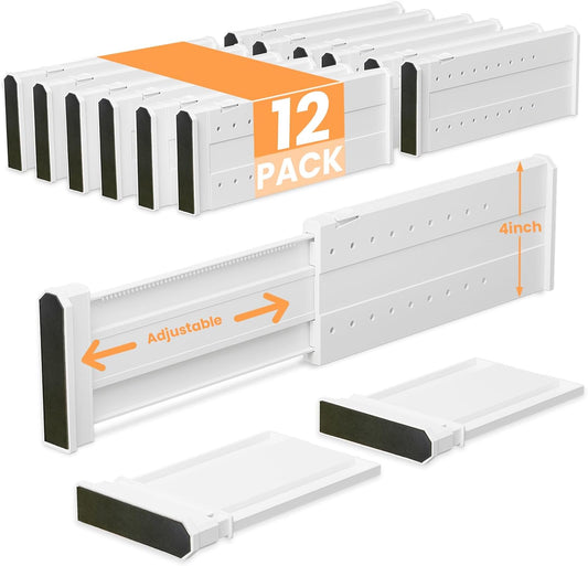 REBECAT 12 Pack Drawer Dividers for Clothes Adjustable Drawer Dividers 4" High Expandable from 11"-17" for Dresser Baby Clothes Bathroom Bedroom Kitchen and Office Storage，White