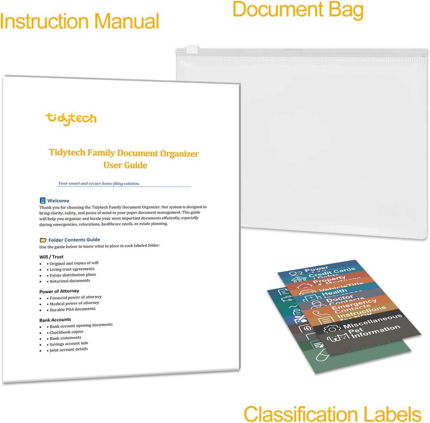 Family Document Organizer Guide with 20 Classification labels, 20 Essential File Categories for Estate Planning, Emergencies & Daily Organization English Instruction Manual with Icons