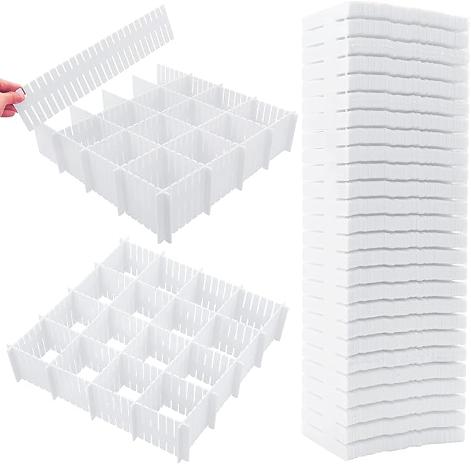 45 Pack Drawer Dividers, Plastic Adjustable Drawer Storage Organizer for Tidying Clutter Socks, Underwear, Makeup, Kitchen, Dresser White