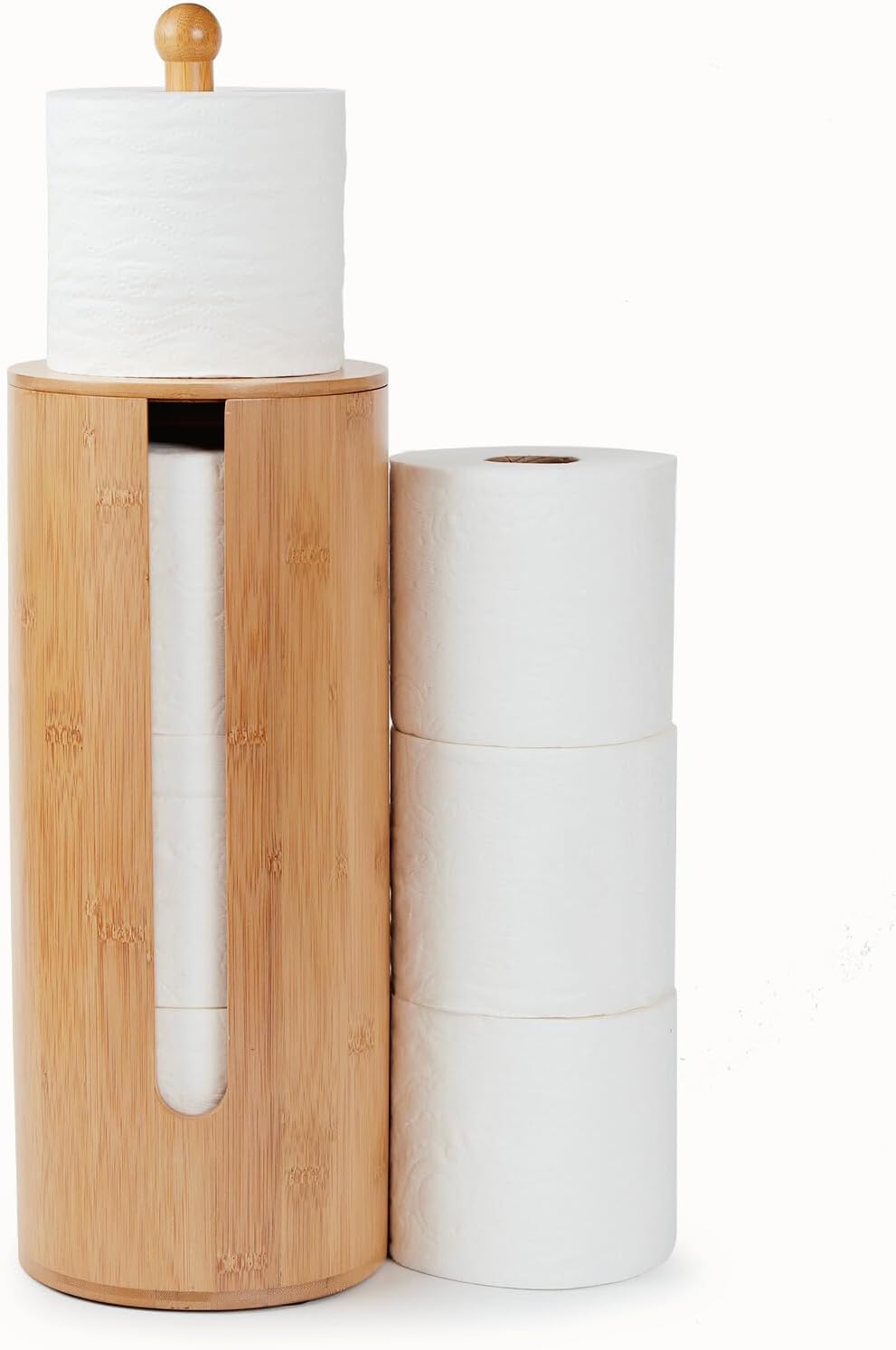 Gobam Bamboo Toilet Paper Storage with Dual-Use Lid, Freestanding Bathroom Tissue Organizer with Viewing Slot, Built-In Handle, Anti-Slip Base, Compact Toilet Paper Holder Stand for up to 3 Mega Rolls
