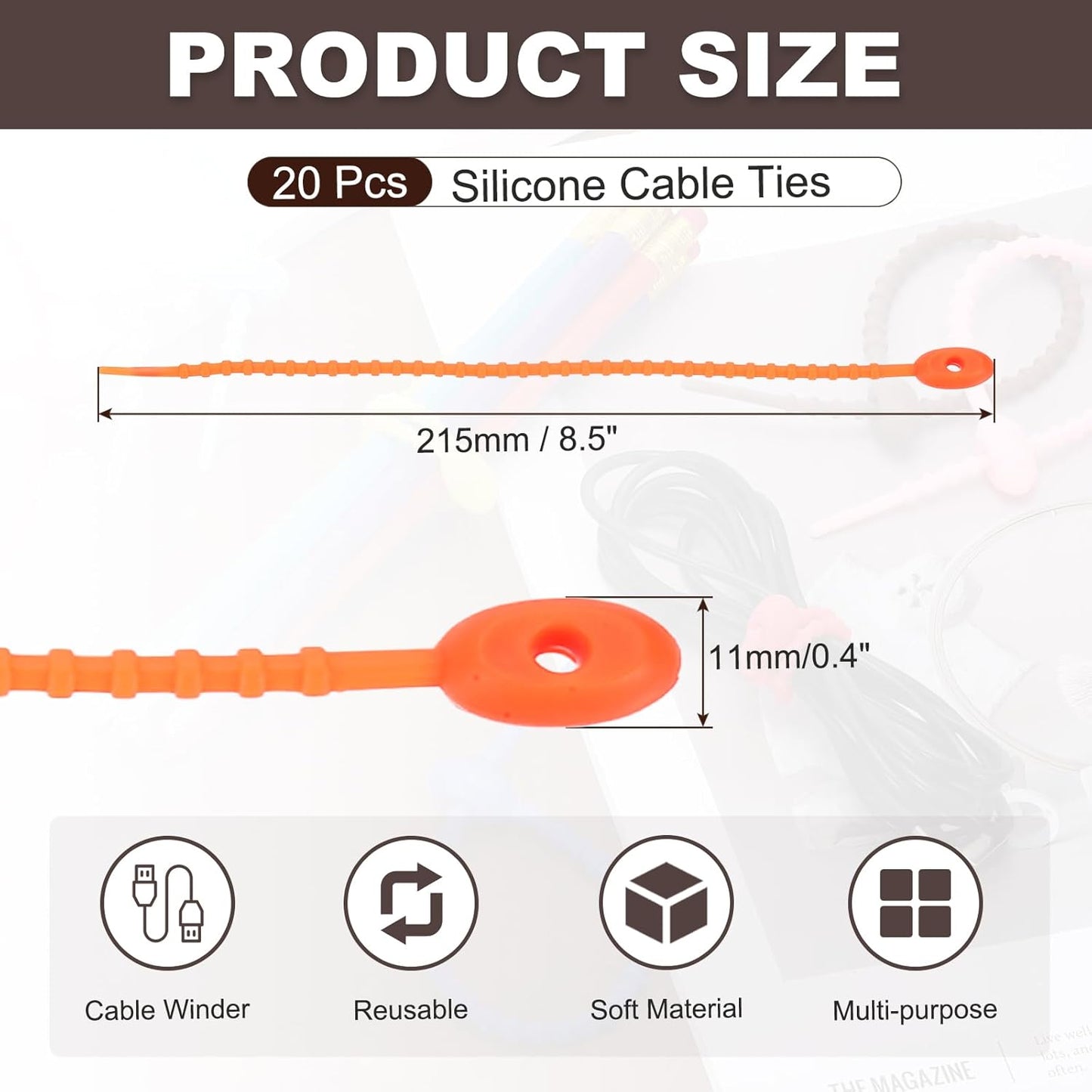 uxcell 20 Pcs Silicone Ties Bag Clip, 8.5 Inch Multi Purpose Silicone Zip Ties Reusable Rubber Zip Tie, Cable Strap Cord Organizer for Home Office Food Bag Wires Cables, Orange Red