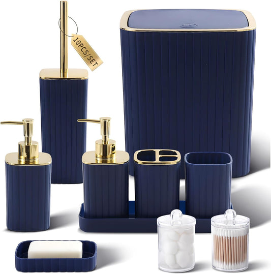 Bathroom Accessories Set - Gorgeous Bathroom Set, 10PC Navy Blue Bathroom Accessory Set, Toilet Brush, Trash Can, Qtip Holder Dispenser & Soap Dispenser