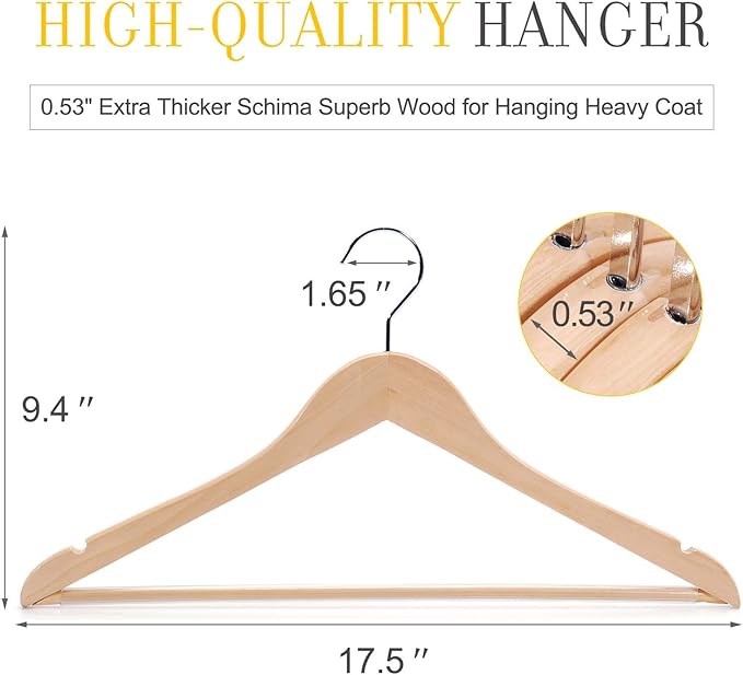 TOPIA Premium Wooden Hangers with Extra Thick Hook and Non Slip Pants Bar, Luxury Suit Hangers for Closet with Notches for Shirts - 16 Pack - CT01N