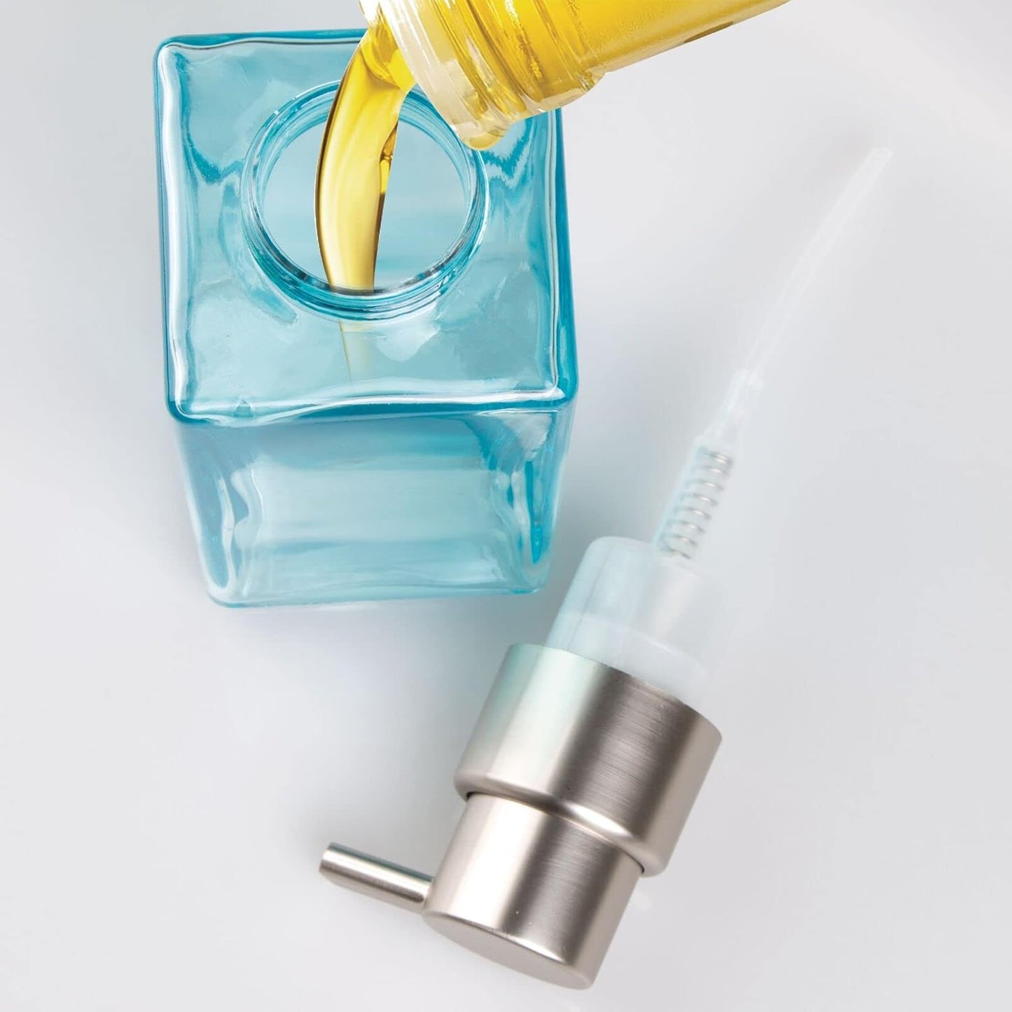 mDesign Glass Refillable Foaming Hand Soap Dispenser Modern Square Pump Bottle for Bathroom Vanity or Kitchen Sink, Countertops - Casi Collection - 2 Pack - Blue/Brushed, Clear/Brushed