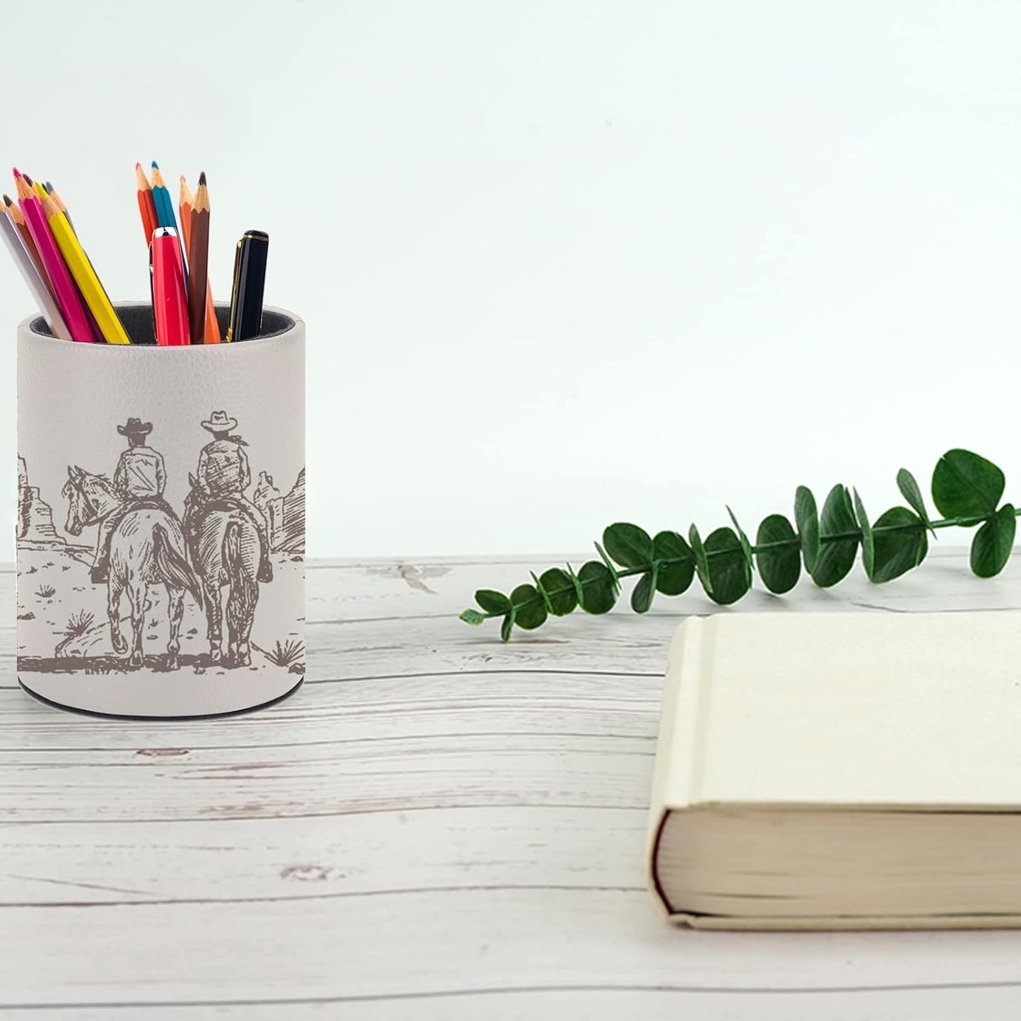 Western Desert Cowboy Pen Holder Pencil Organizer Cute Pencil Cup Desk Decor Makeup Brush Holder PU Multifunctional Office Suppliesfor Home Classroom School