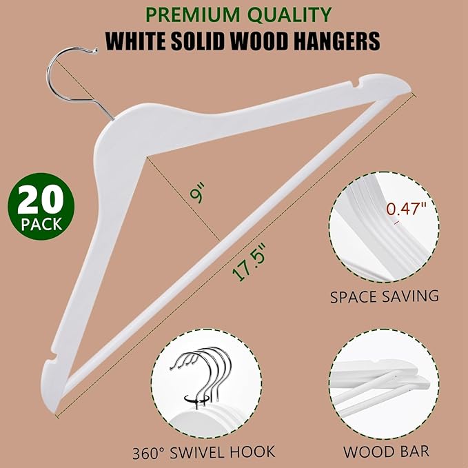 Amber Home 20 Pack Wooden Hangers with Non Slip Pant Bar - White Wood Coat Hangers for Shirts, Jackets, Dress