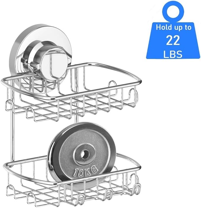 Soap Dish for Shower Suction Cup Powerful Vacuum System Rustproof 304 Stainless Steel Basket Sponges Holder with Razor Hooks for Bathroom or Kitchen Soap Holder, 2 Tier (Silver)