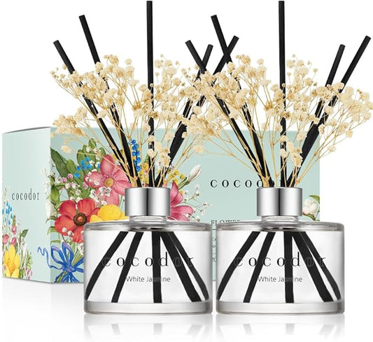COCODOR Preserved Flower Reed Diffuser/White Jasmine/6.7oz/2Pack / Home Fragrance Scent Essential Oil Stick Diffuser for Bedroom Bathroom Home Decor